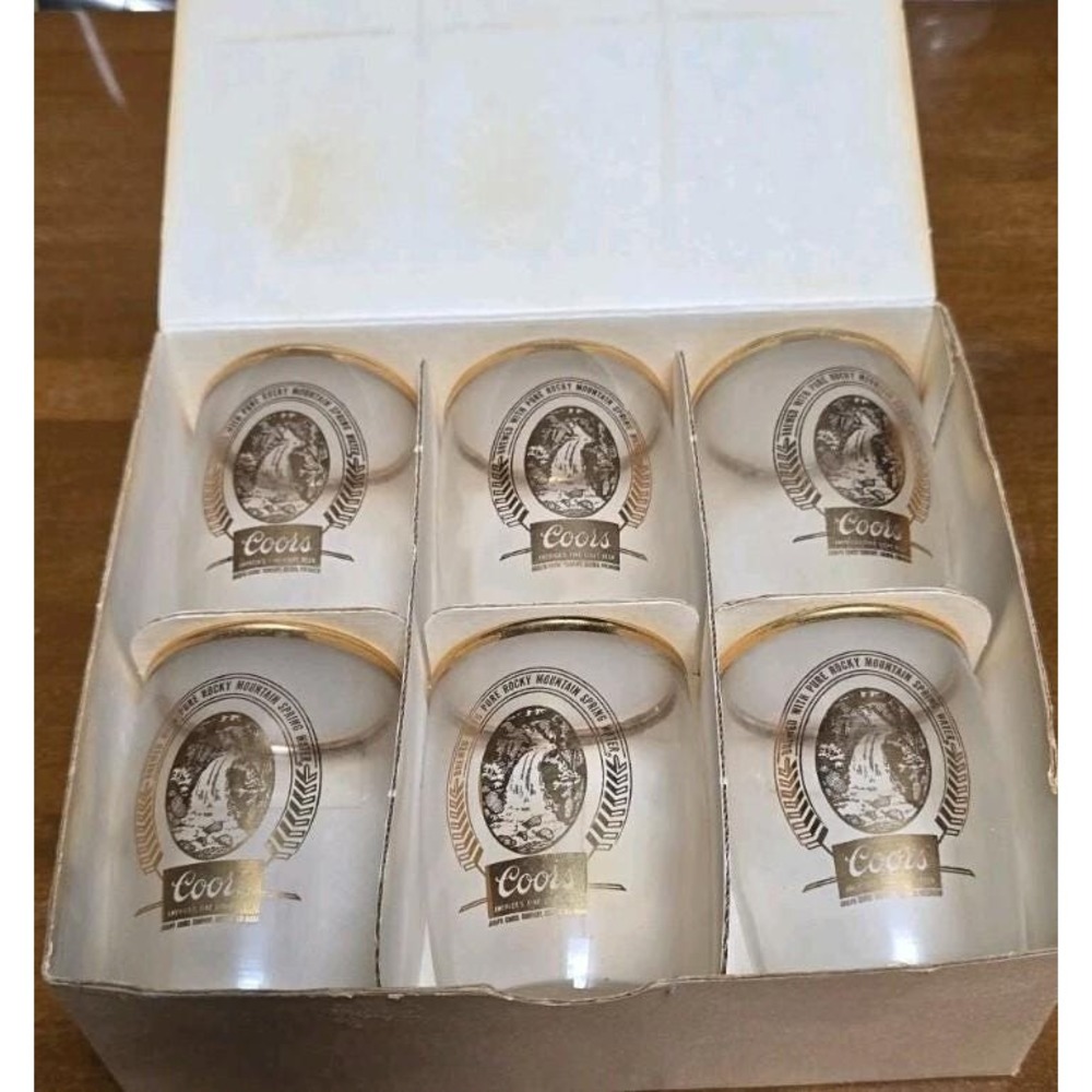 Coors Distillery Advertising Glasses Set of 6 Clear Gold Rim Tasting Glasses